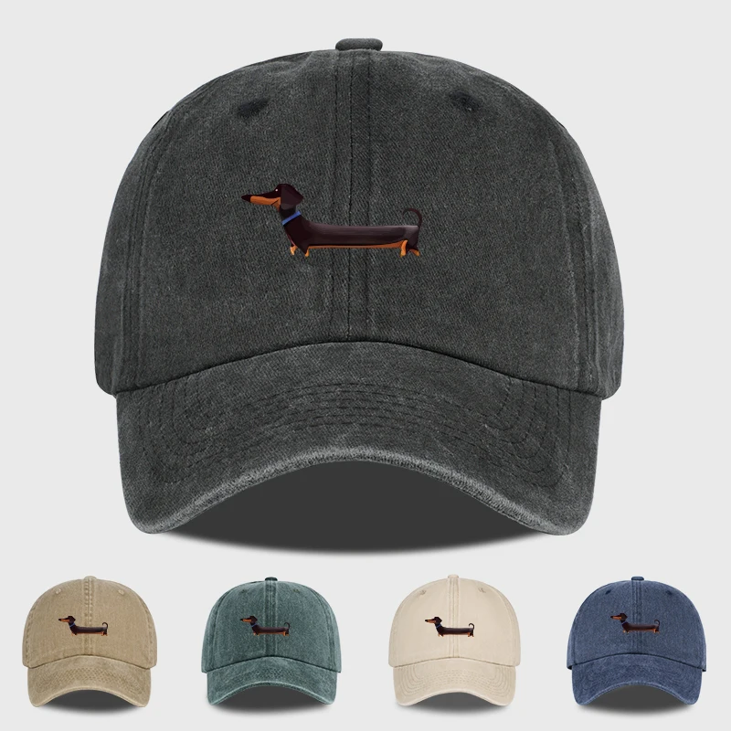 Gewaschene Baseballkappe mit Dackel-Aufdruck. Entzückender Retro-Stil mit Hundemotiv, perfekt für Spaziergänge im Freien und Haustier-Treffen. Das ideale Geschenk