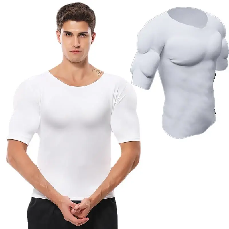 Men Fake Muscle T-Shirts Body Shaper ABS Invisible Pads Chest Tops Party Enhancer Bodybuild Fitness Muscular Cosplay Underwear