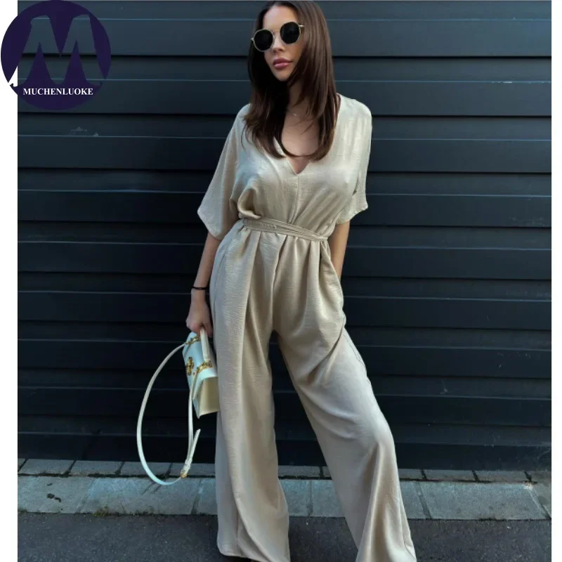 

Elegant Summer Half Sleeve V Neck Lace up Jumpsuit for Women Casual Loose High Waist Wide Legs Fashionable