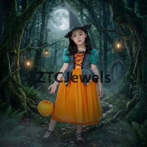 Pumpkin Witch Costume Halloween Carnival Puff Sleeve Orange Fancy Dress Party Uniform Cute Cosplay Outfit for Kids view 2