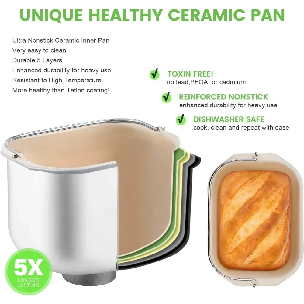 Bread Maker, 2.2LB, 17-in-1 Breadmaker , Pizza Auto Nut Dispenser,Ceramic Pan, 3 Loaf Sizes 3 Crust Colors,15H Timer,Recipes