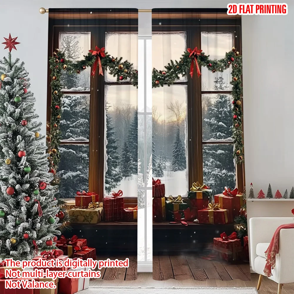 

2pcs 2D flat printing Christmas Window Drapes Snow Forest Scene Versatile Durable Polyester Without Electricity Festive Holiday