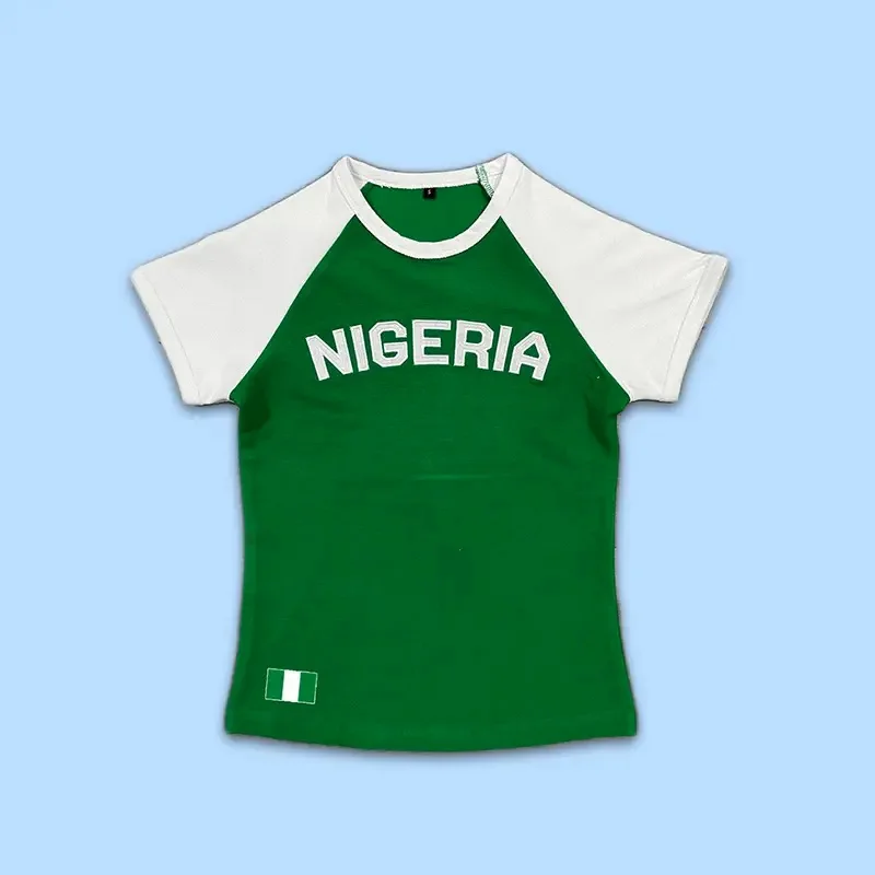 Summer New Y2K Leisure Color Blocked Embroidered Nigeria Letter Green T-Shirt Trend 2026 Women's Clothing Crop Top view 2