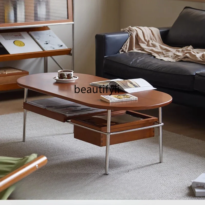 

ss8350 Nordic retro solid wood coffee table living room Japanese simple stainless steel oval tea table