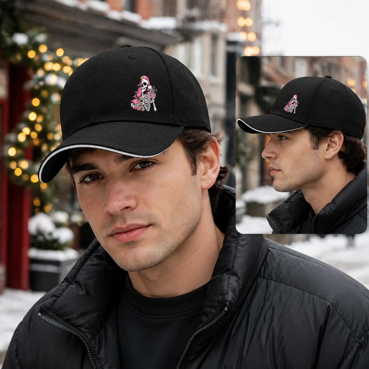 Neutral Christmas skull print baseball cap with personalized pink Christmas tree pattern, suitable for holiday parties