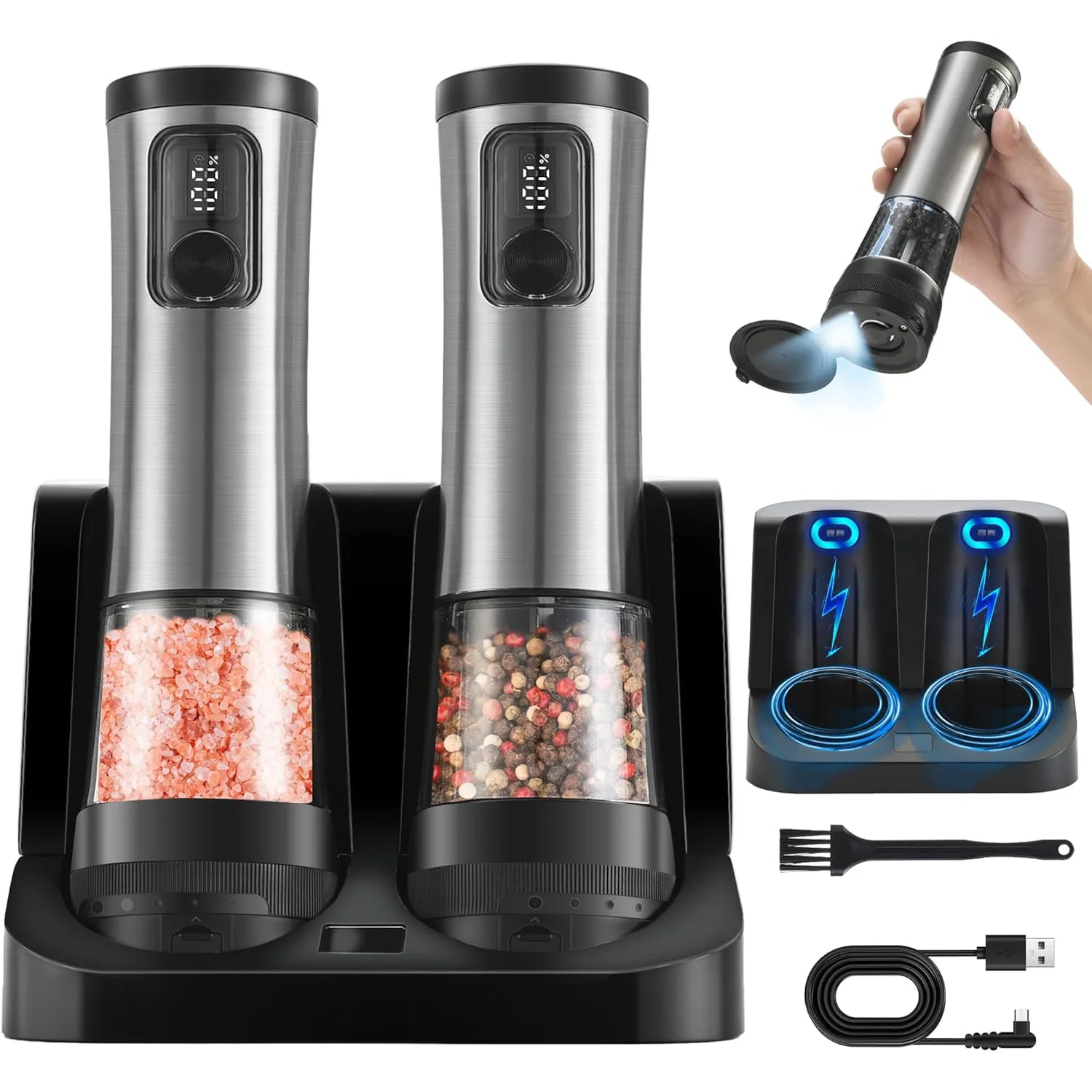 

USB Rechargeable Electric Salt and Pepper Grinder Set Adjustable Coarseness Spice Mill Stainless Steel Pepper Grinder with Stand