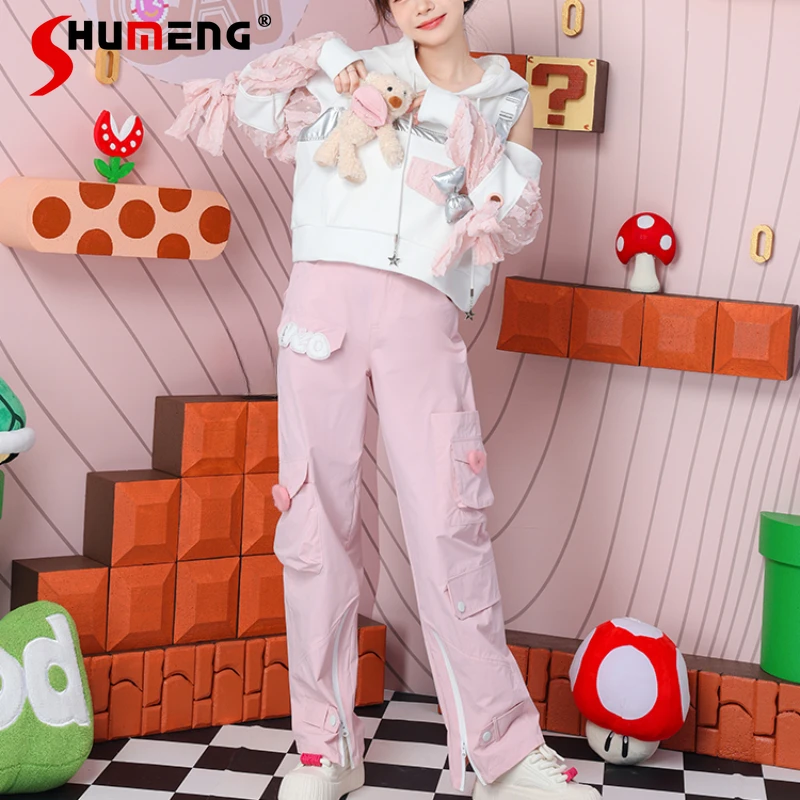 

New Spring 2024 Sweet Cool Hot Girl Mechanical Style Multi-Pocket Love Embroidered Letters Elastic Waist Pink Overalls Trousers