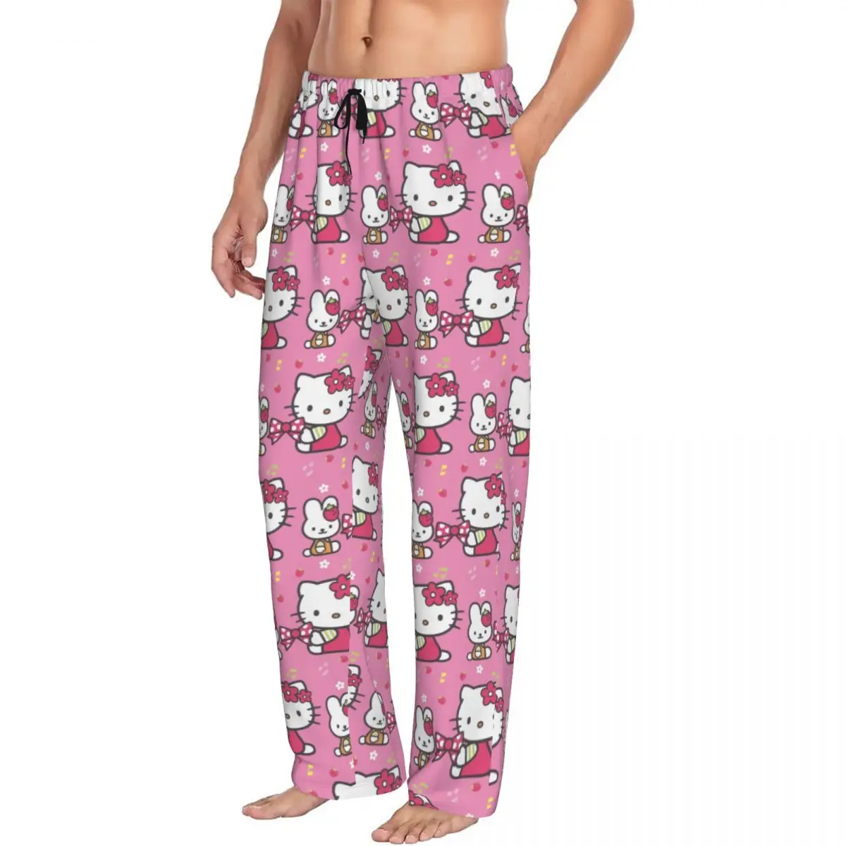 Pantalones de pijama de Hello Kitty para hombre, ropa de dormir con estampado personalizado de dibujos animados de Anime, con bolsillos