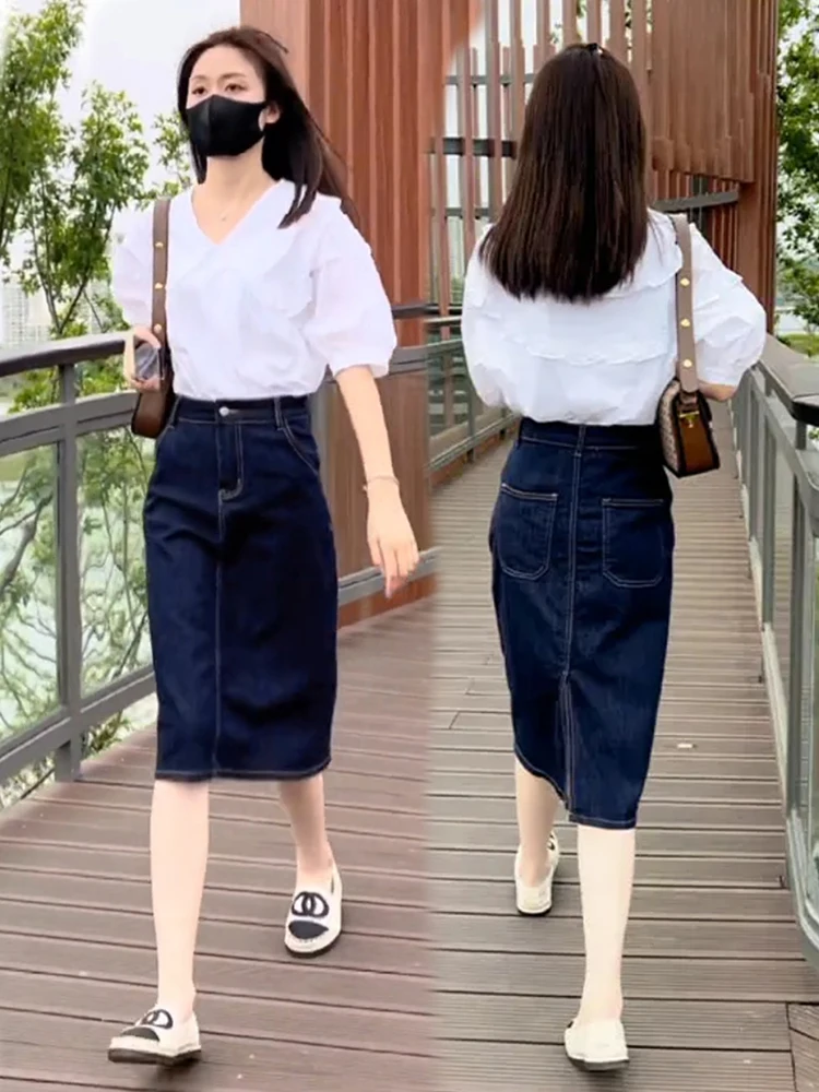 

Summer New Women's Short Sleeve Shirt And High Waist Denim Skirt Set Casual Slimming Two-Piece Outfit Wood Grain