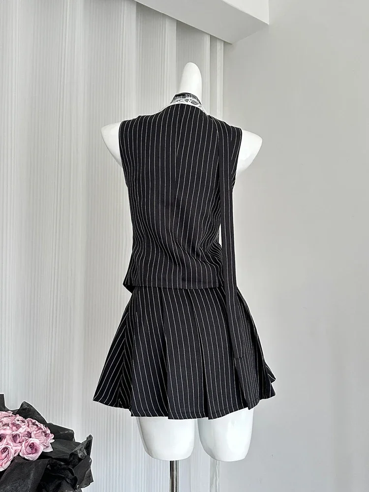 2000s Aesthetic Striped Outfits 2 Piece Set Summer Women Korean Fashion Vacation Kpop Lace Vest + Y2k Preppy Mini Pleated Skirt