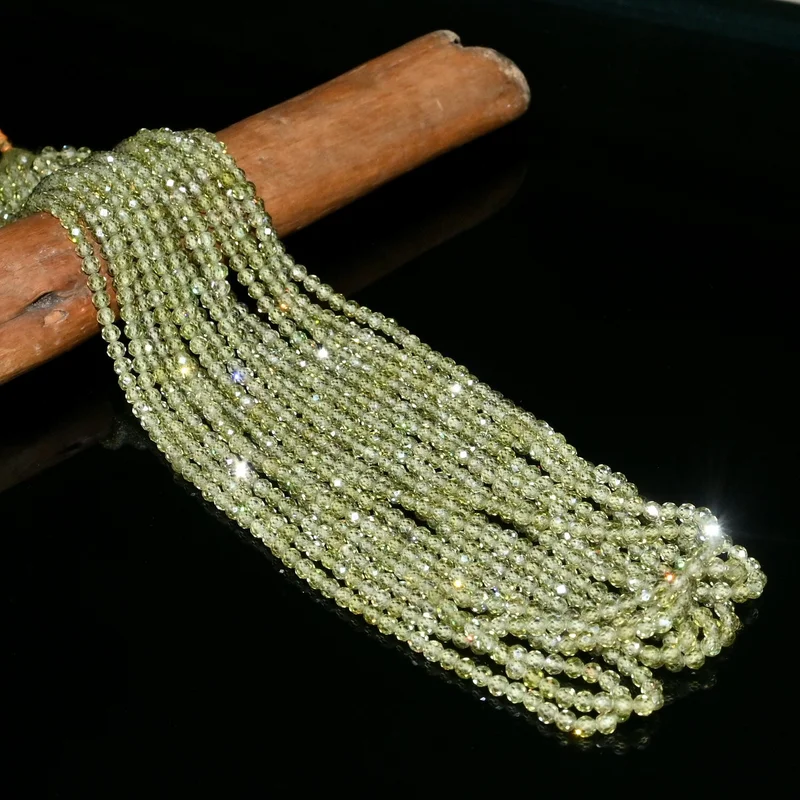 Green Zircon Faceted Natural Quartz Gemstone Round Crystal Beads