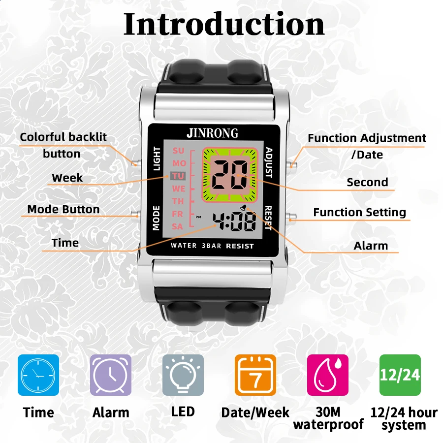 세련된 남성용 및 여성용 디지털 시계, 사각 다이얼 30M 방수 실리콘 스트랩 아연 합금 케이스 스톱워치=