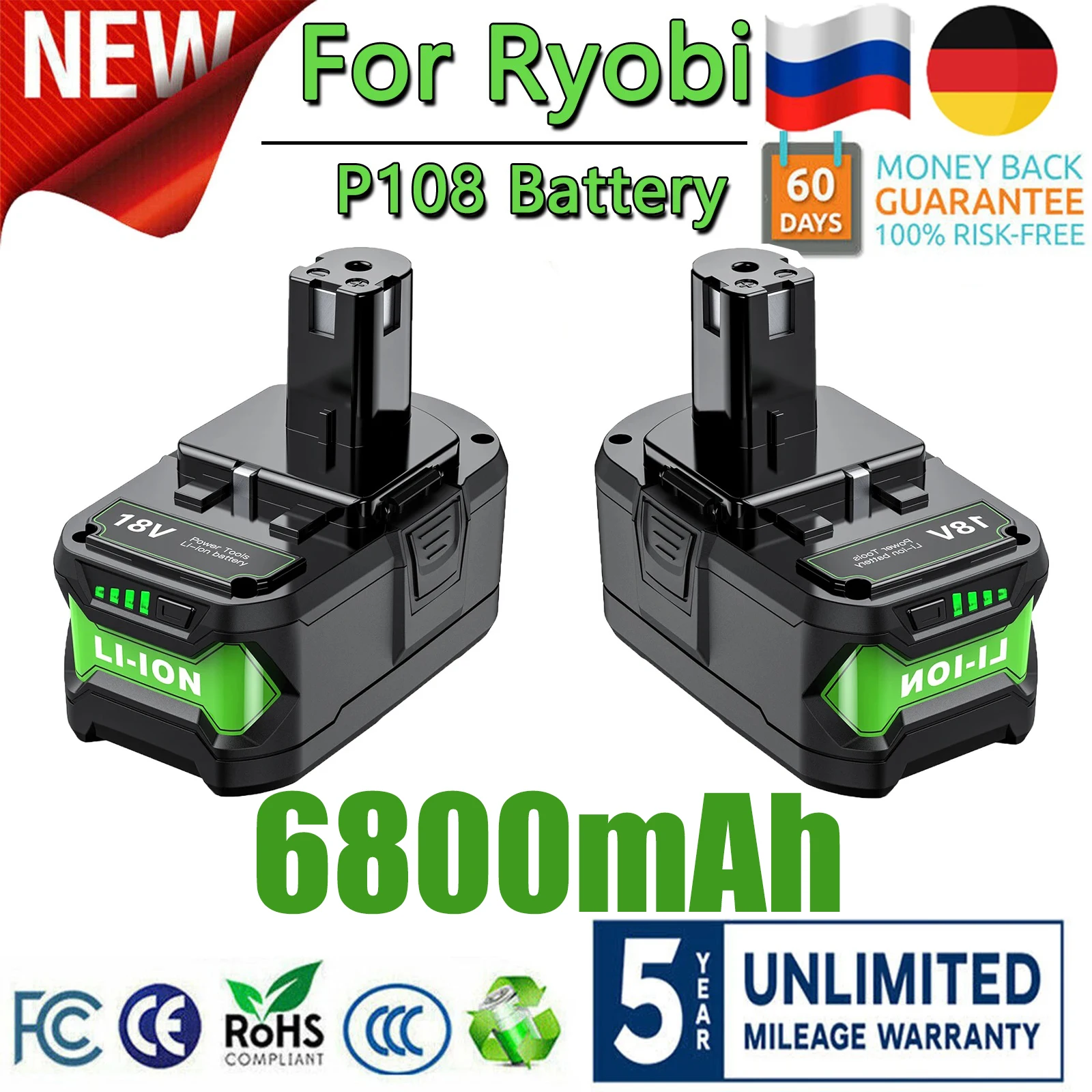 6.8Ah 18V Li-ion Rechargeable Battery for Ryobi ONE+ P108 P107 P122 P104 P105 P102 P103 P109 RB18L25 RB18L40 Cordless drills