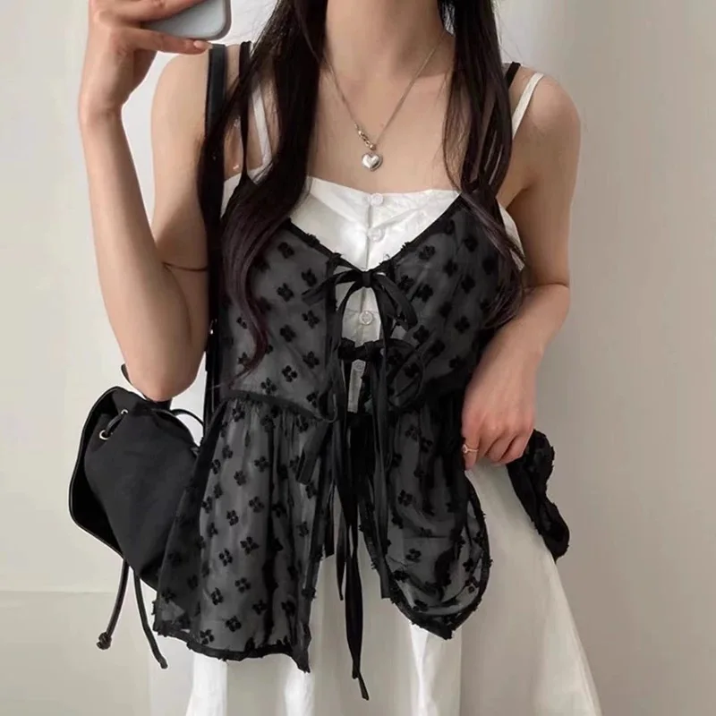 Summer French Lace Sling Elegant Mesh Tops Women Summer Fashion Stacked Design Loose Gauze Tanks Korea Vintage Outwear Camis New