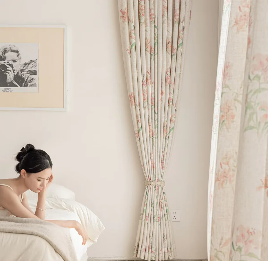 Custom Size American High-grade Linen Texture Window Screen Semi-shading Light-transmitting Opaque Gauze Curtain Living Room