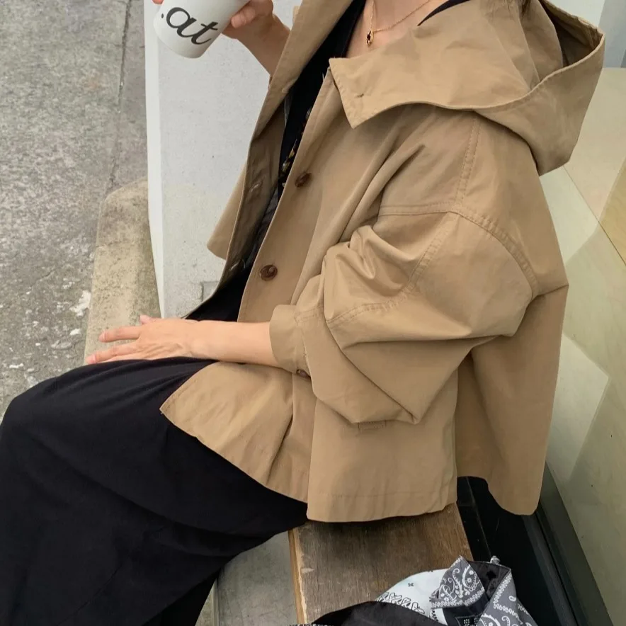 Korean Chic Short Hooded Coat Jacket Women Loose Shoulder Flip Collar Button Thin Casual Outerwear