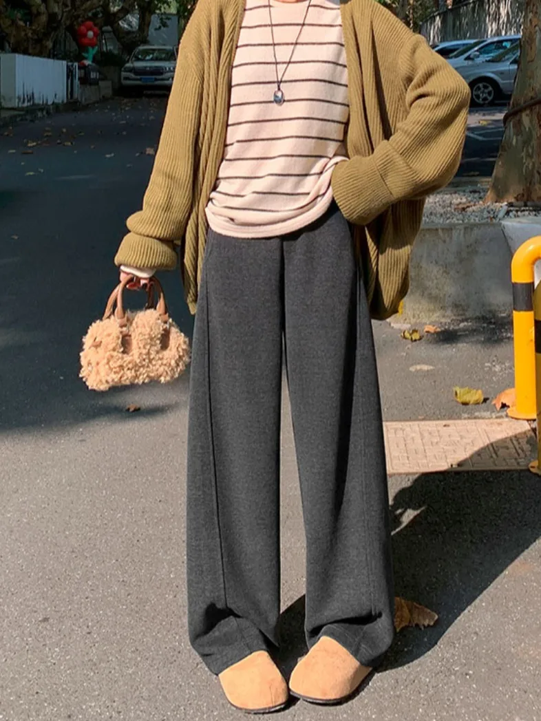 아세테이트 울 와이드 레그 팬츠 여성용 가을 겨울 부드러운 드레이프 하이웨이스트 슬림 스트레이트 레그 팬츠 캐주얼 슬레