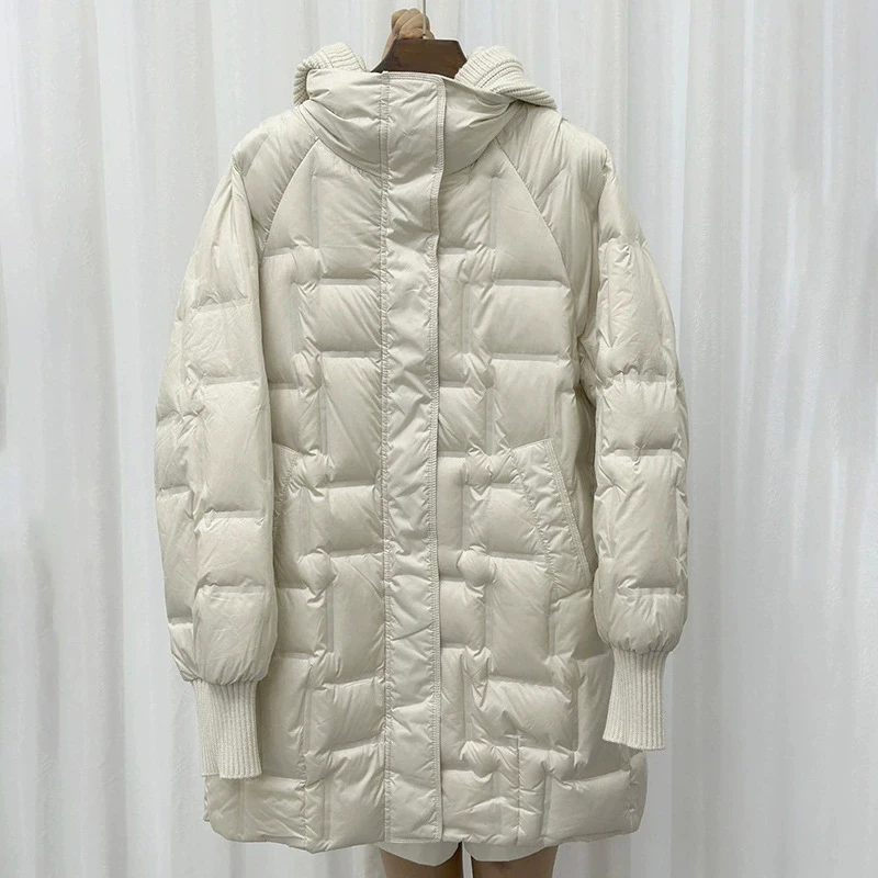 Outono inverno quente casual solto sobre o tamanho outwear 2025 novas mulheres jaqueta de pato branco com capuz removível de malha