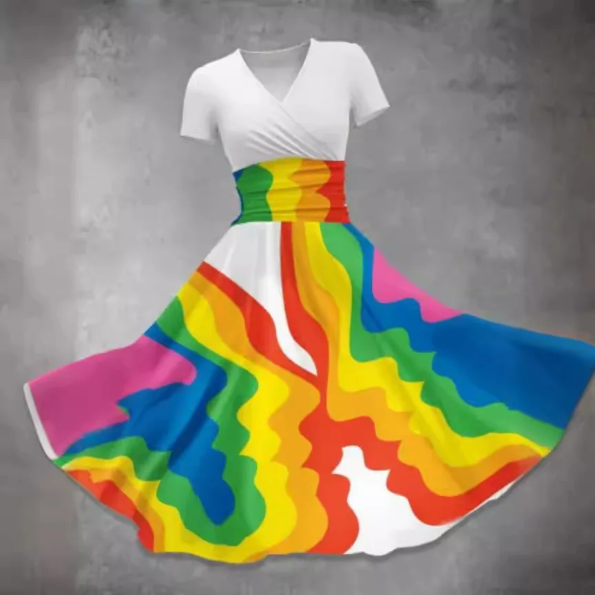 

Hip Hop Trendy Comfortable Busty Women Dresses rainbow art 3D Print Short Sleeve Slim V-neck Long Dress Party Dress