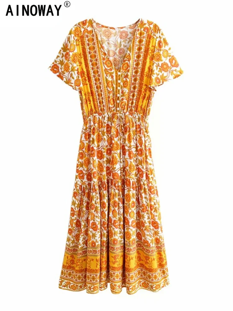 Vintage Chic Women Yellow Floral Print Rayon Bohemian Beach Maxi Dresses Ladies Ruffle Sleeve Summer Pleated Boho Dress Vestidos