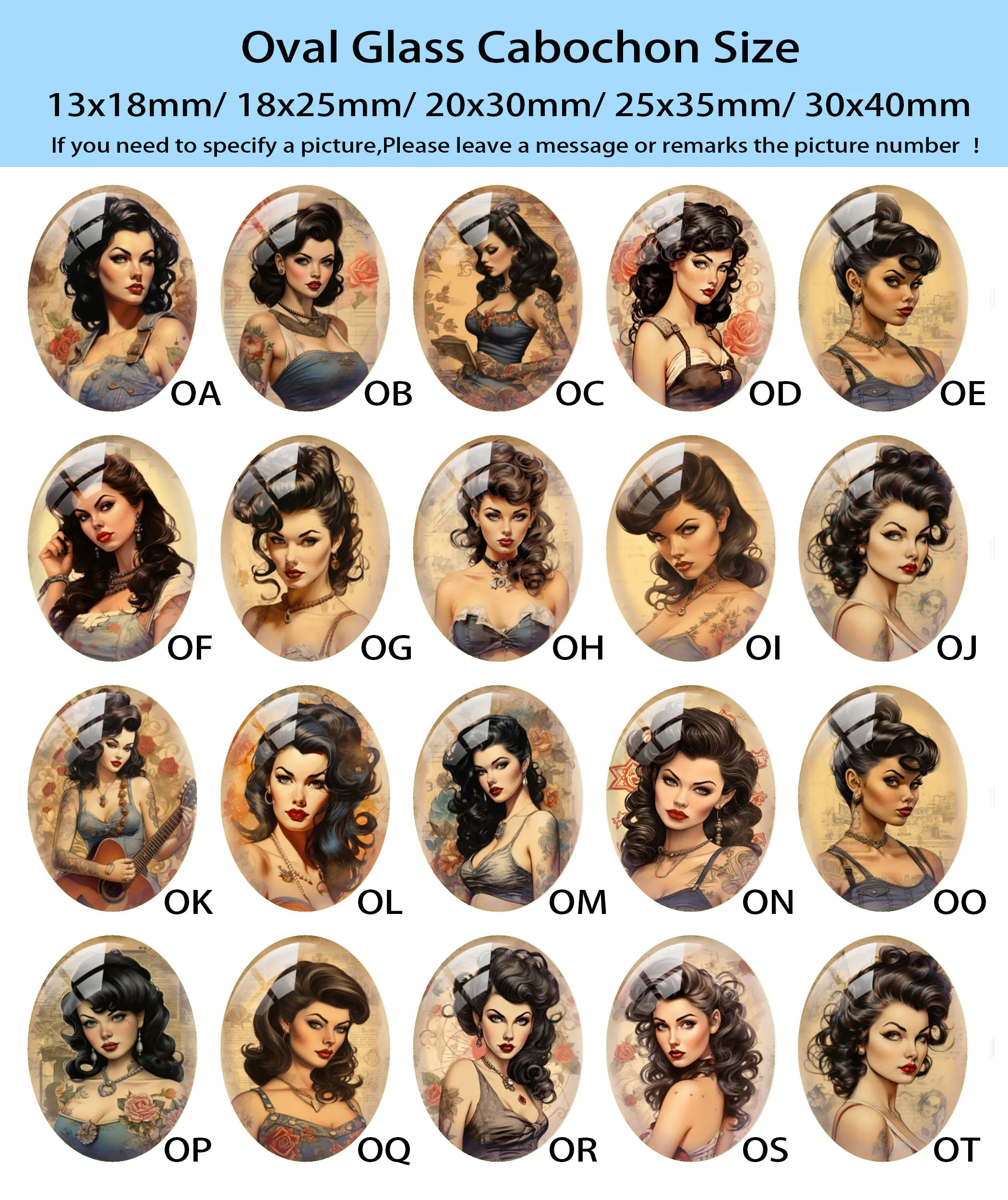 Random Mixed Round/Oval/Square Vintage Tattooed Lady Girl Flower Photo Glass Cabochon Flatback Demo Cameo For Diy Jewelry Making view 5