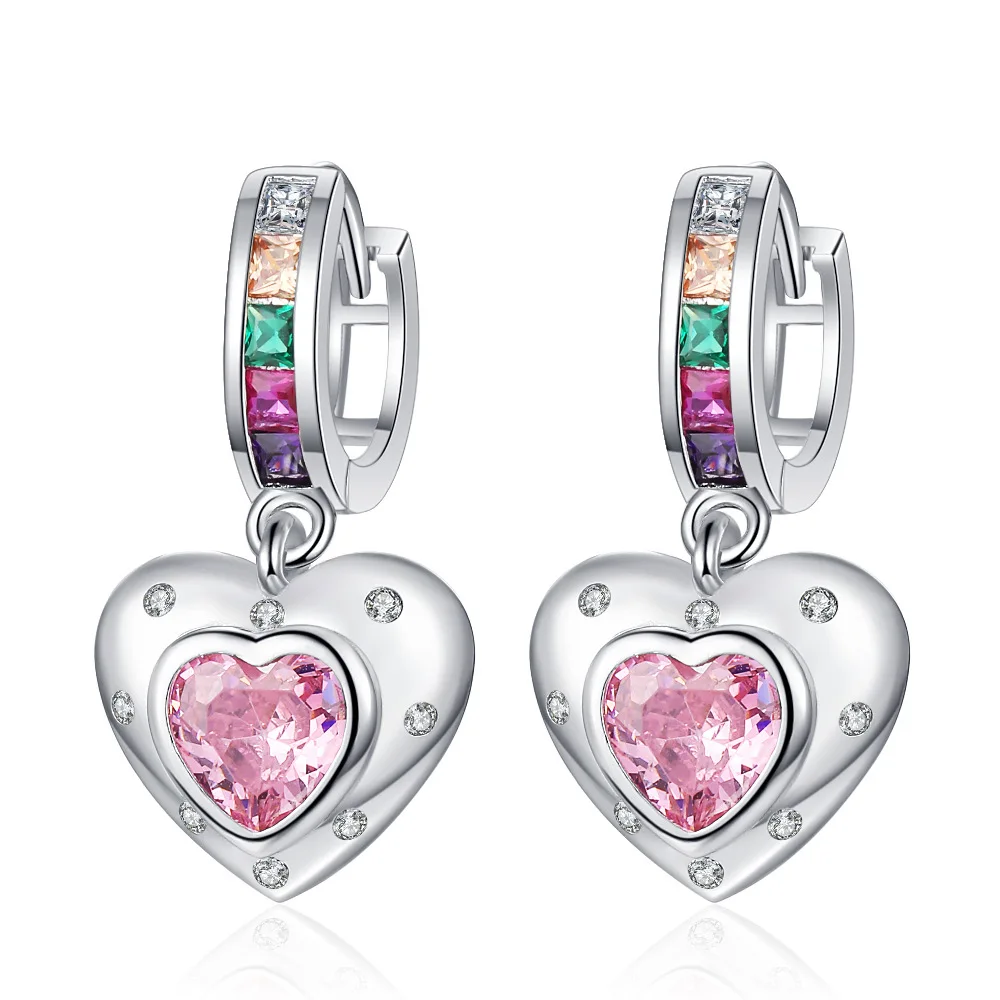 Natural Square Citrine Emerald Amethyst Garnet Pink Sapphire Heart Hoop Earring 925 Sterling Silver Colorful Birthstone Jewelry - view 3