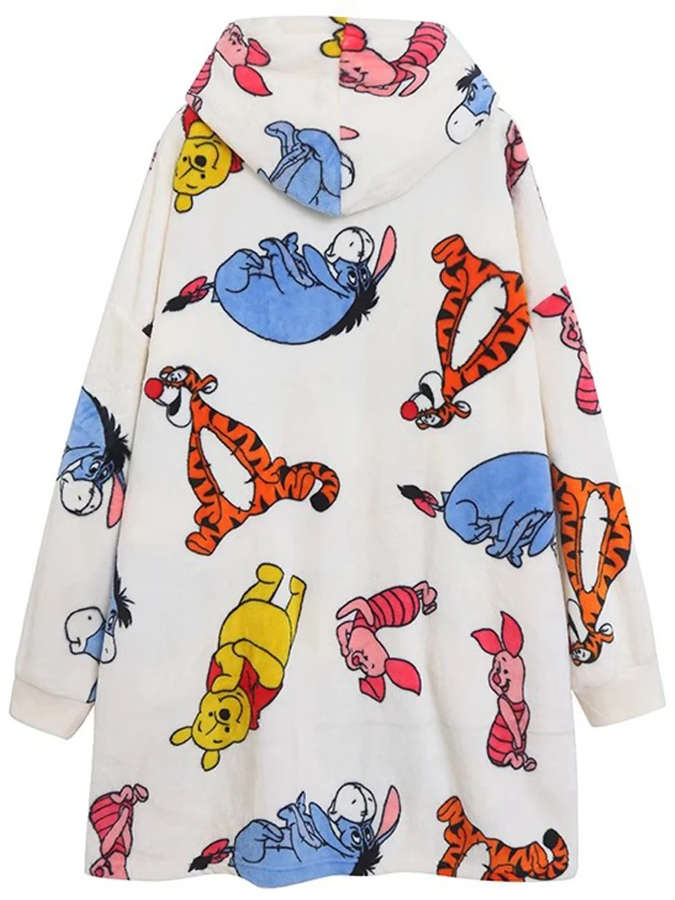 Disney Winnie the Pooh Bear Tigger Cartoon Print Sweatshirt Women Hooded Pullover Velvet Warm Loose Long Oversize Tee Top Jumper