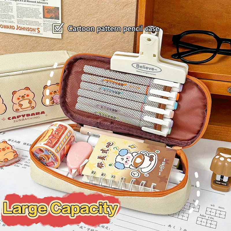 Large Capacity Pen Bag Cartoon Capybara Canvas Pencil Case For Student Stationery Cosmetics Travel Storage Bag School Supplies