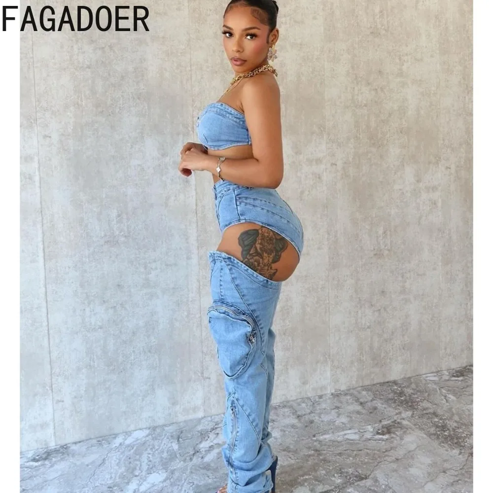 FAGADOER Fashion Denim Zipper Hollow Out Two Piece Sets Women Sleeveless Backless Bra And Skinny Pants Outfits Female Clothing