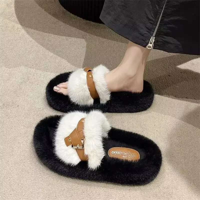 2024 New High-grade Fluffy Slippers, Women's Shoes Autumn and Winter, New Trend Home Cotton Slippers Double Belt Slippers