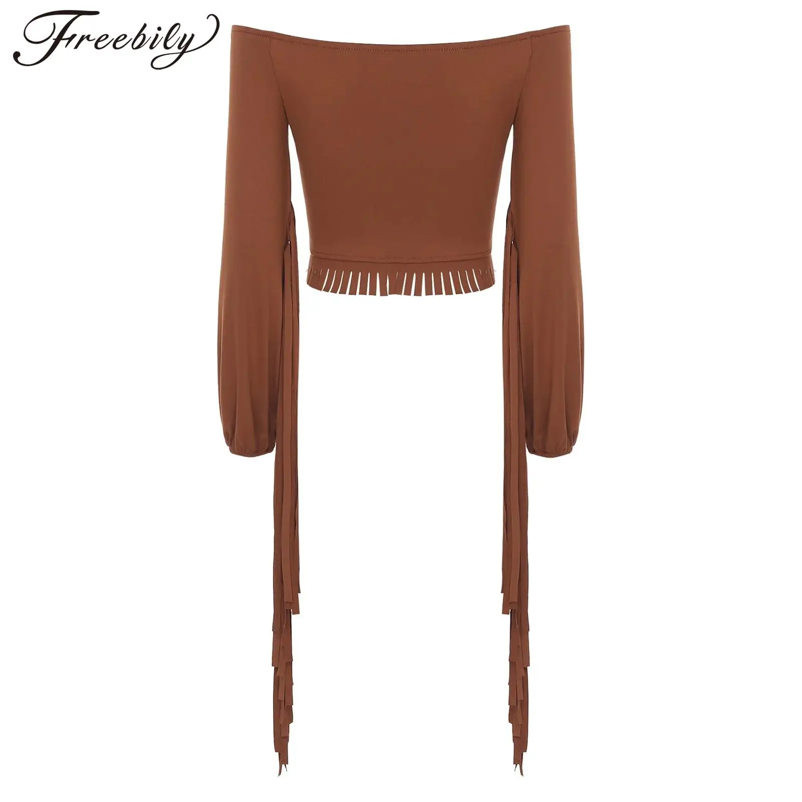 

Womens Cropped Tops Off Shoulder Long Sleeve Tassel Blouses for Halloween Dress-up Party Festivals Western Cowgirl Costumes