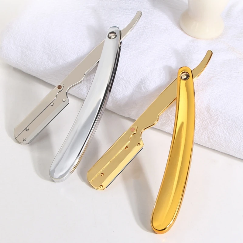 Stainless Steel Razor With 10 Shaving Blades Electroplated Gold And Silver ABS Handle Men's Manual Folding Shaver Barber Knife