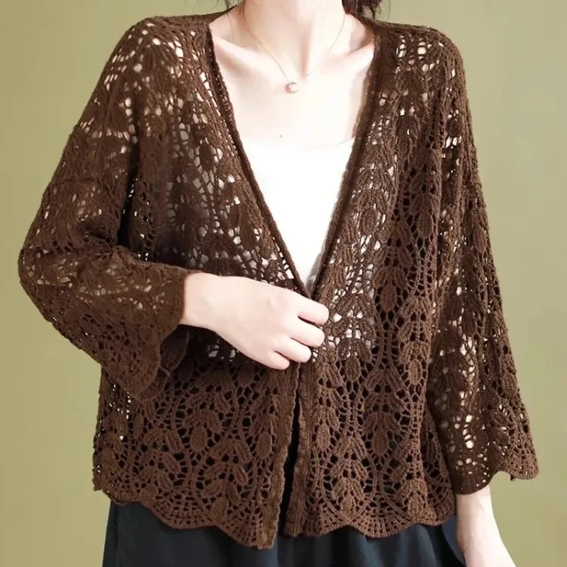 

Женский коричневый кардиган с кружевной вязкой, V-образным вырезом, рукавами 3/4, ажурным цветочным узором