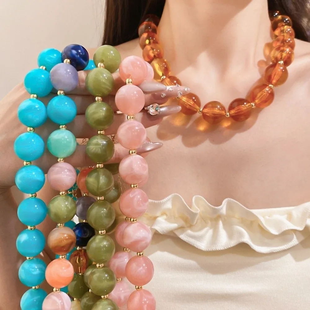 Bohemian Style Acrylic Beaded Necklace Round Beaded Chunky Design Elastic Neck Chain Multi-color Elastic Closure