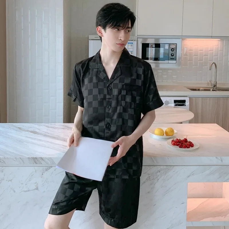 Hohe Qualität Mode Klassische Männer Pyjamas Langarm Kurzarm Shorts Nachtwäsche Männlich Gedruckt Eis Seide Satin Homewear Sets