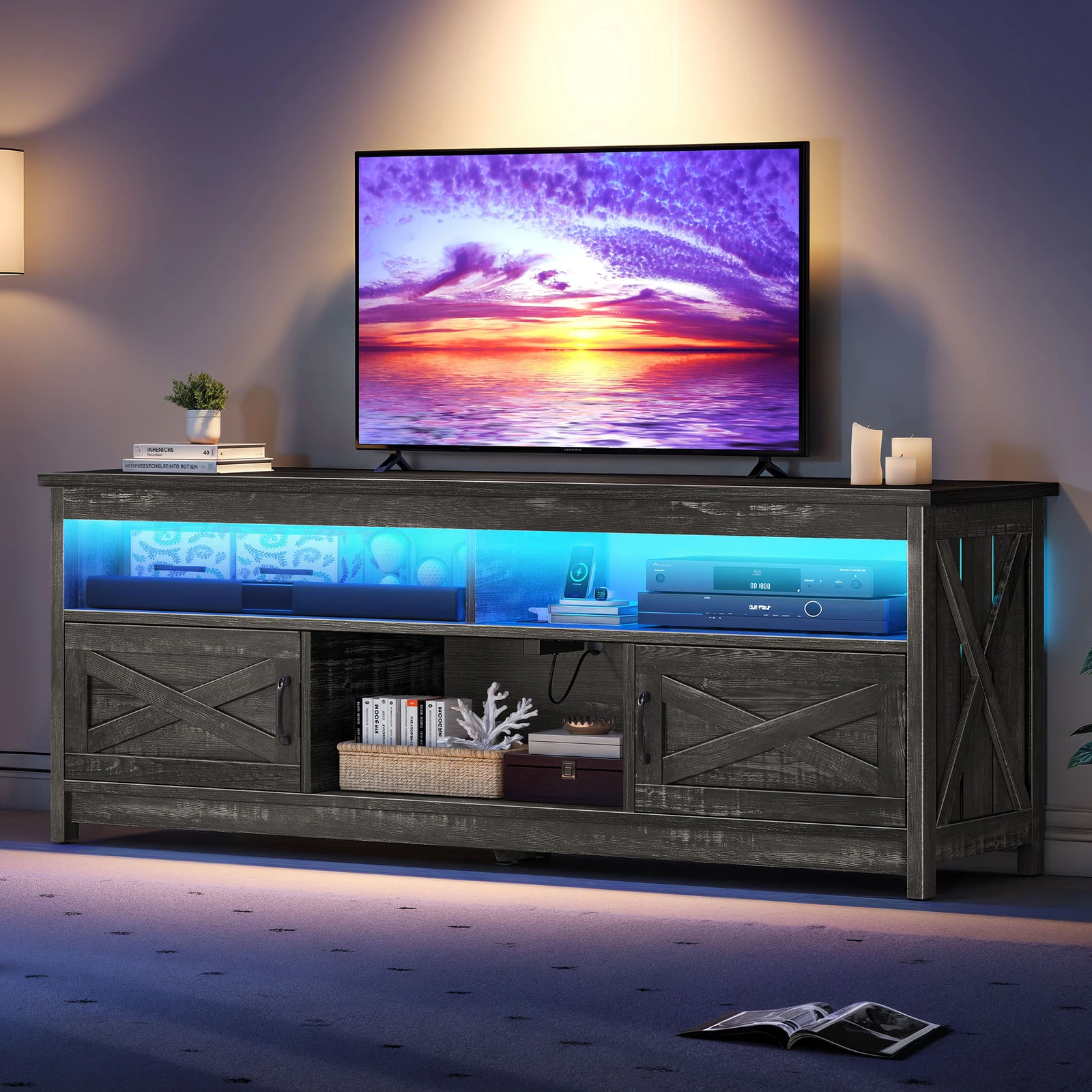 

LED TV Stand for 75 65" TV w/ Power Outlets Small Media Console Storage Cabinets