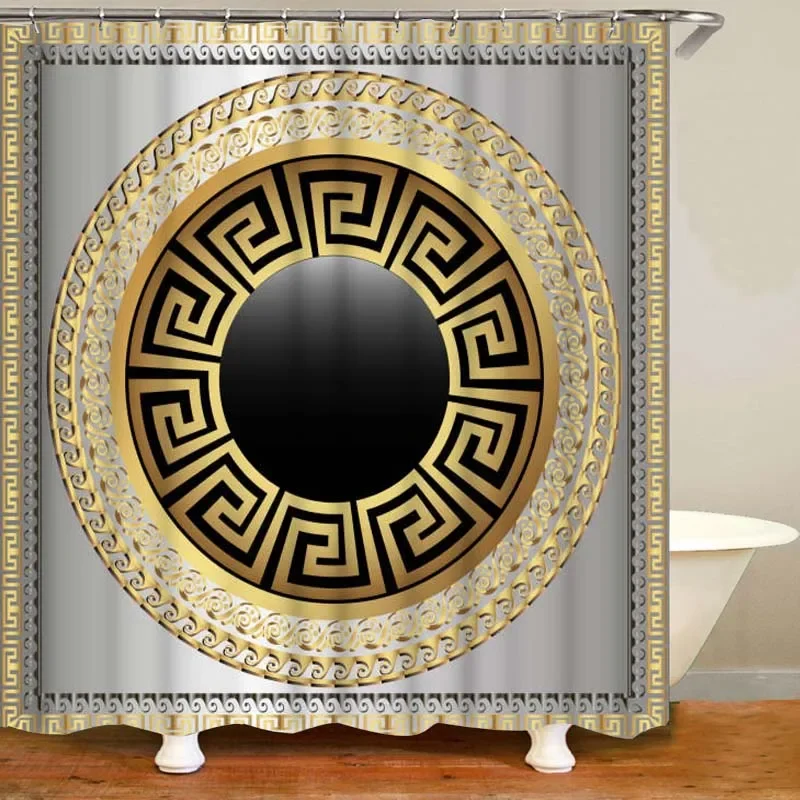 3D Luxury Black Gold Greek Key Meander Bathroom Curtain Shower Curtain for Bathroom Modern Geometric Ornate Bathtub Toilet Decor