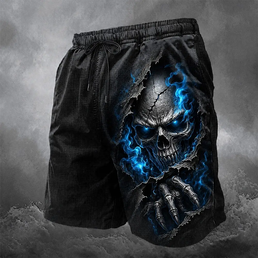 Men's Spring Summer 3D Printed Drawstring Shorts, Black Ripped Green Flame Skull Claw Horror Street Bottoms