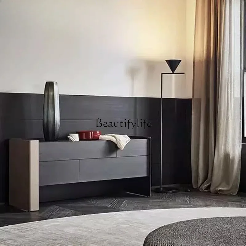 

01Italian light luxury solid wood multi-layer board smoked wood leather chest side cabinet