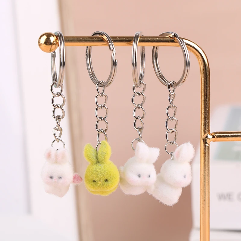 1pc Kawaii Flocking Rabbit Keychain Cute Animal Key Ring Pendant Gift For Adults Kids Party Favors