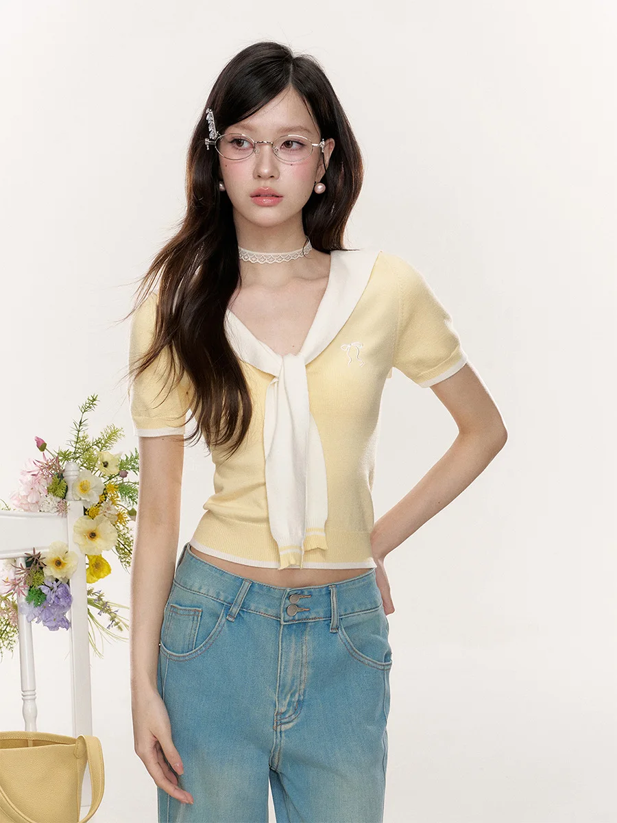 

Fashionable Short Sleeve Knitted Navy Collar T-Shirt Women's Slim Fit Cream Yellow Top Casual Style Versatile Versatile Sprin...