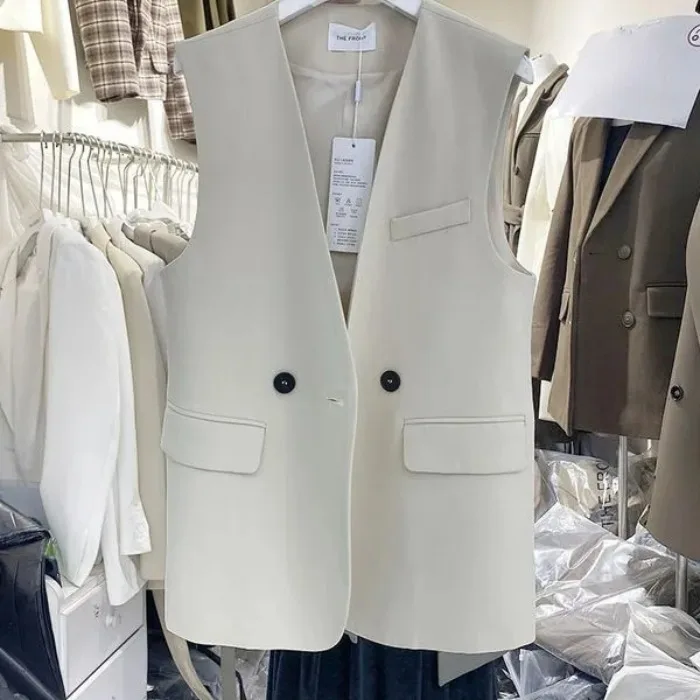 

Korean Sle V-Ne Svel Suit Vest Spring Autumn New 2025 Casual High-End Feelings Double Button Pure Color Polyester