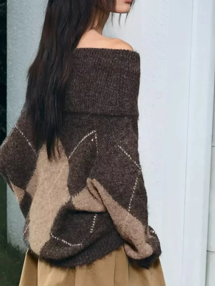 European and American style autumn new fashion women's diamond off-the-shoulder straight ribbed long-sleeved sweater