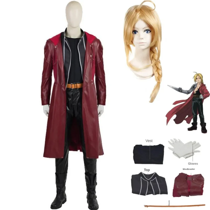 

Anime Edward Elric Fullmetal Alchemist Cosplay Costume Wig Red PU Hooded Windbreaker Coat Combats Man Carnival Party Suit