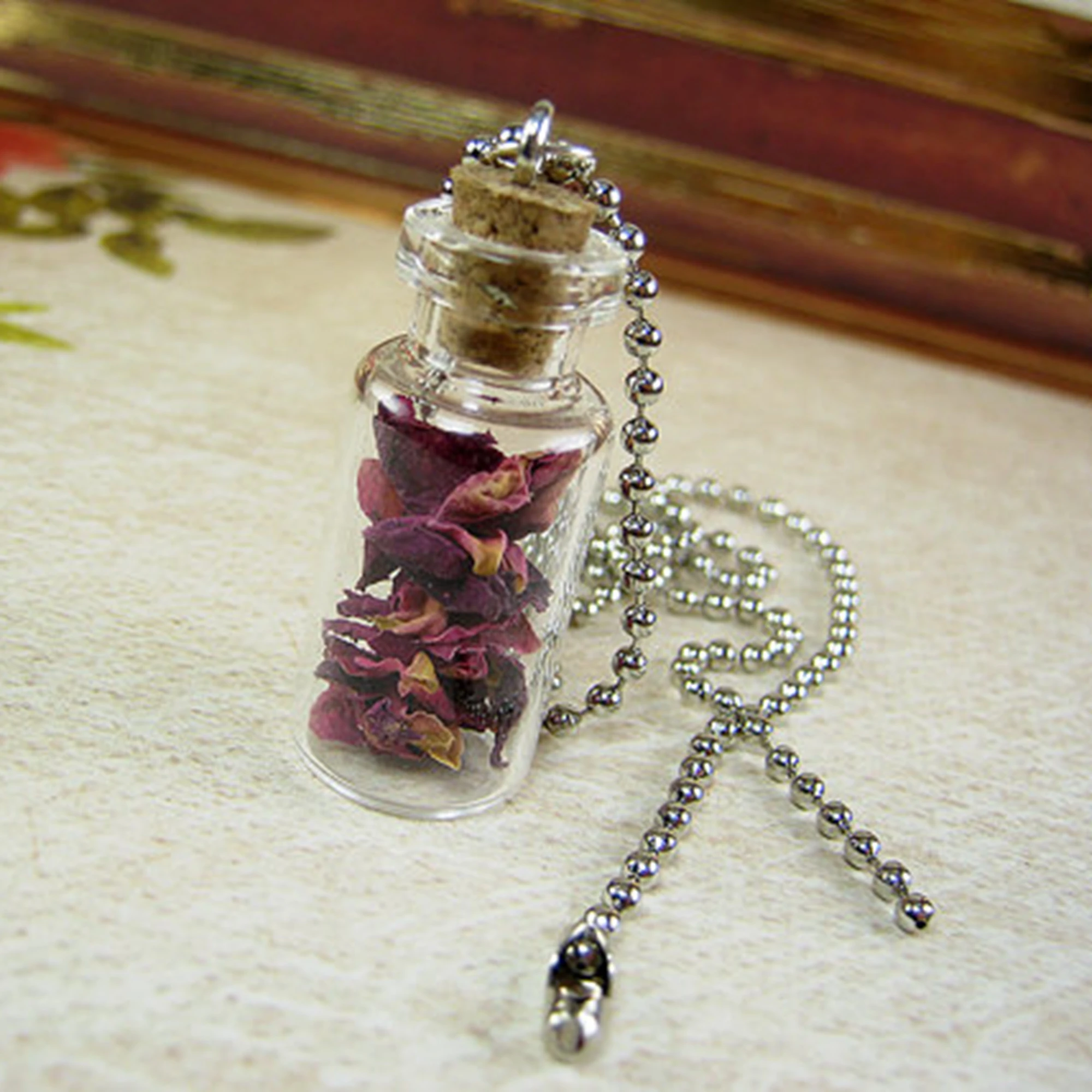 

12pcs/Lot Red Roses Necklace Real Dried Petals Glass Bottle Pendant Silver Tone