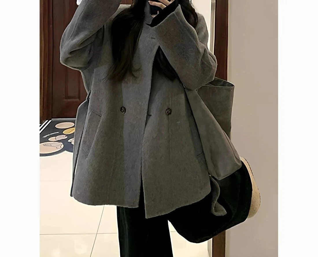 Szary krótki płaszcz wełniany damski na jesień i zimę 2025, nowy, luźny płaszcz wełniany