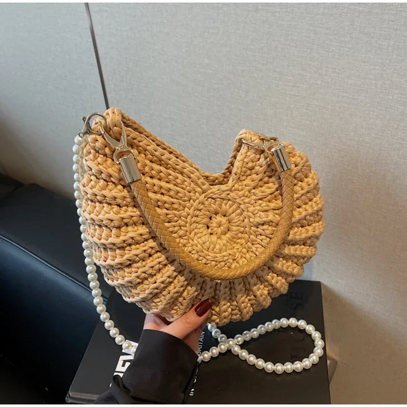 Conch Shell Knit Crochet Umhängetasche, Perlenkette, handgefertigte gewebte Damen-Umhängetasche, elegante, zarte, süße, kompakte Geldbörse – Detail 15