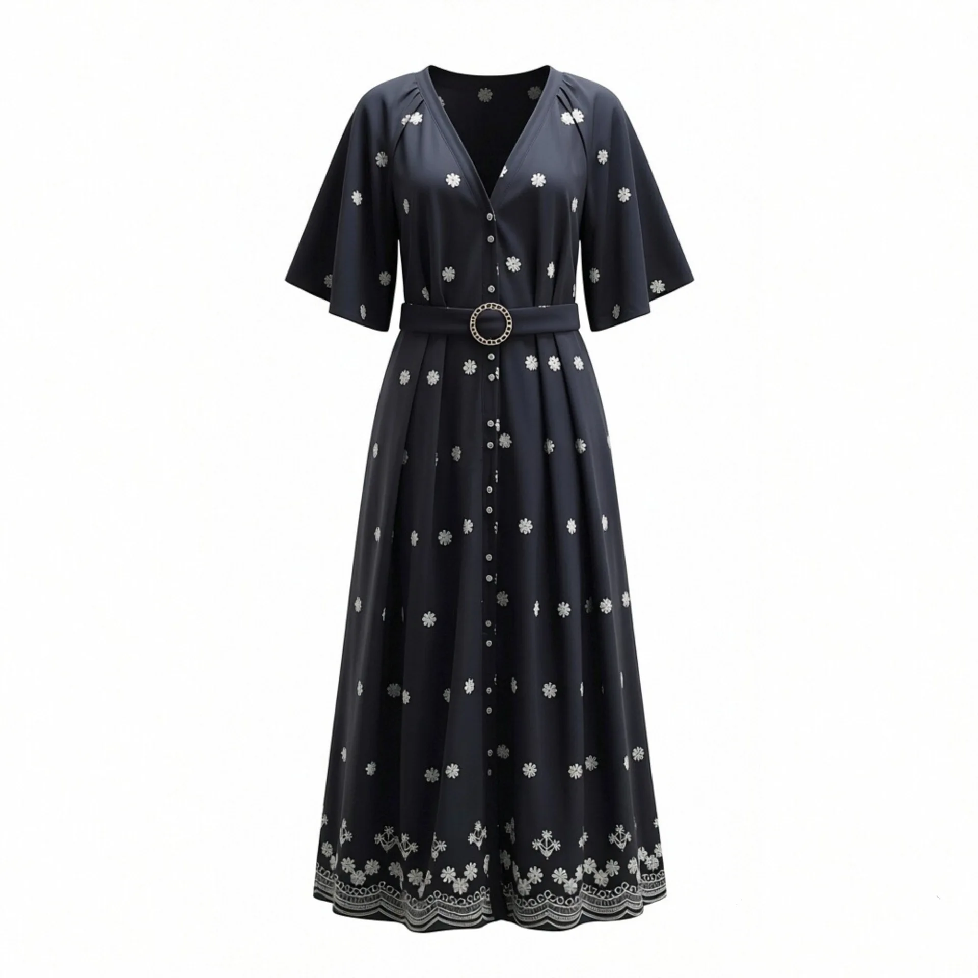 

Withered European And American Style Fashionable Temperament Versatile V-neck Heavy Embroidery Dress Vestidos Women's Dress