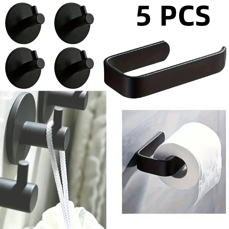 5pcs Set:4 Self-Adhesive Hooks+1 Toilet Paper Holder,Damage-Free Mount,Hold Towels Bathrobes,Bath Kitchen Wall Door Easy Install