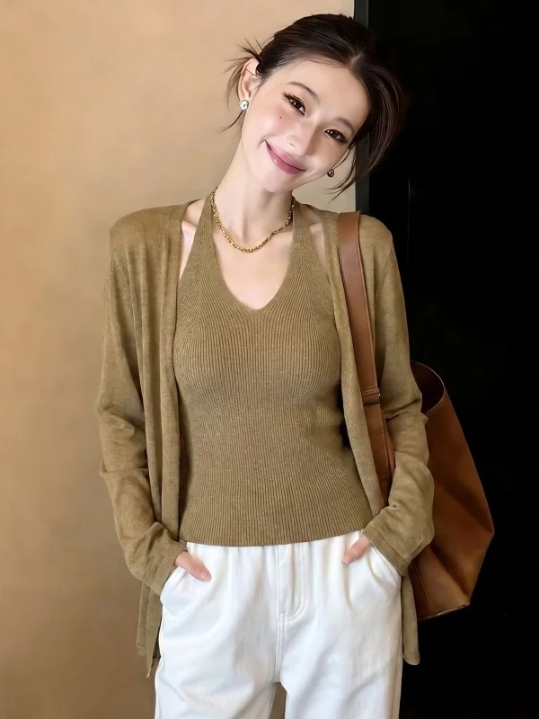 

Women's Summer New Style Thin Hanging Neck Strap Vest Sunscreen Outerwear Cardigan Two-Piece Set Casual Commute Loose Fit